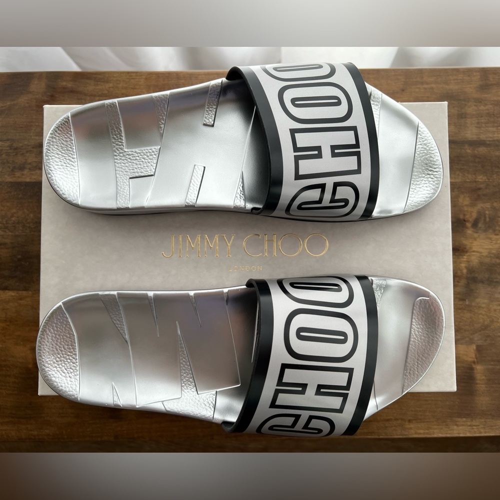 Jimmy Choo Rey/F Slide Sandals in Metallic Silver